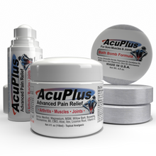 Load image into Gallery viewer, AcuPlus pain relief products including a jar, a Roll-on, and 3 bath bombs on a white background