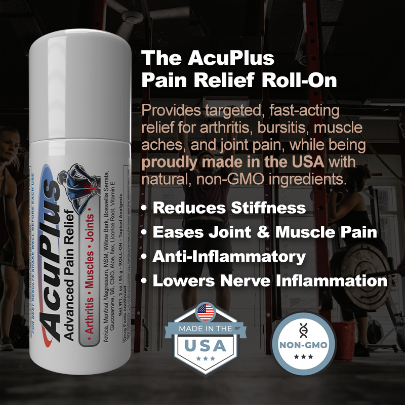 AcuPlus Pain Relief Roll-On with product details and benefits on a dark background