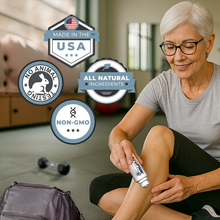 Load image into Gallery viewer, Woman applying AcuPlus to her leg with product features highlighted