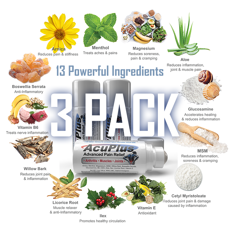 AcuPlus Advanced Pain Relief product with 13 powerful ingredients displayed on a white background.