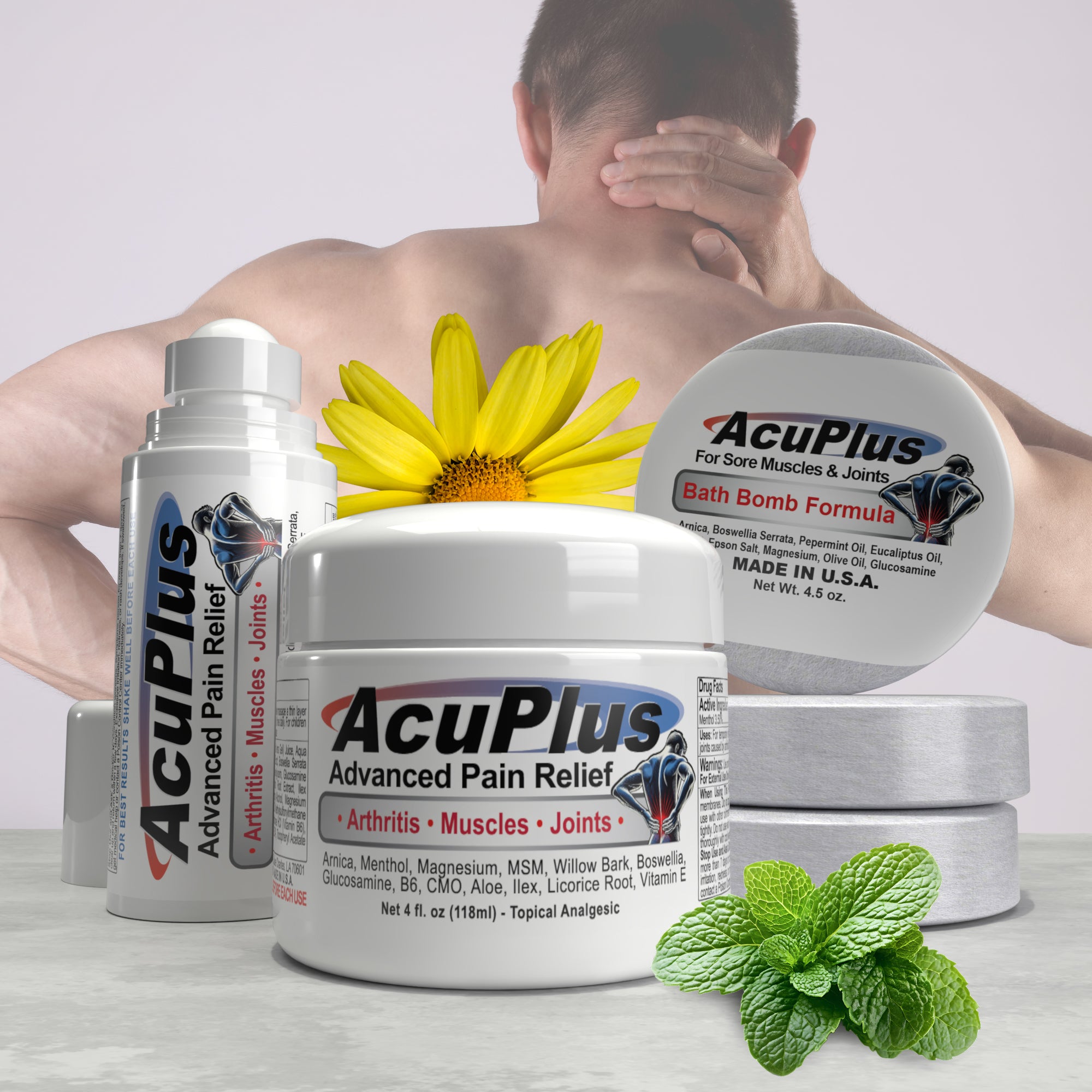 AcuPlus pain relief products with a person holding their neck and a sunflower in the foreground.