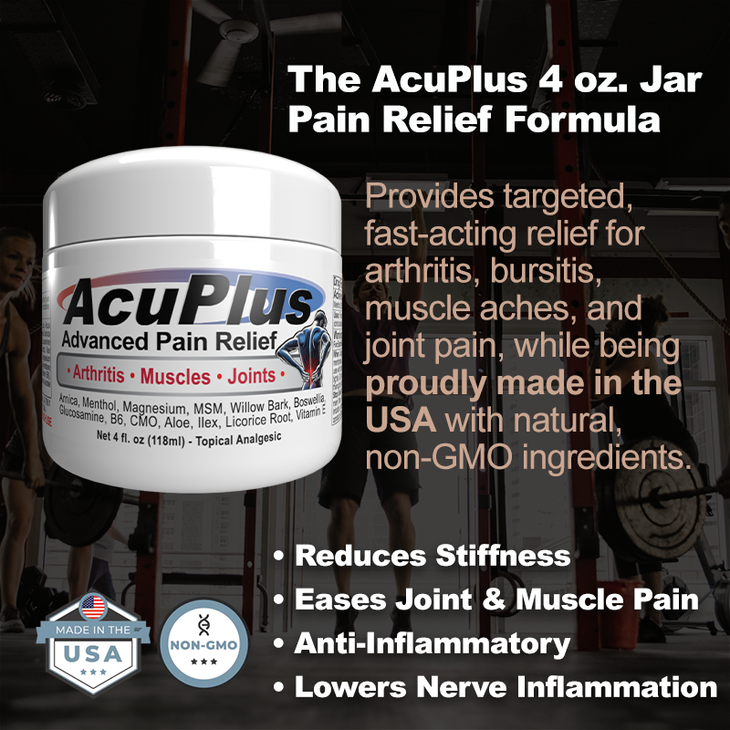 AcuPlus pain relief formula jar with product details on a dark background