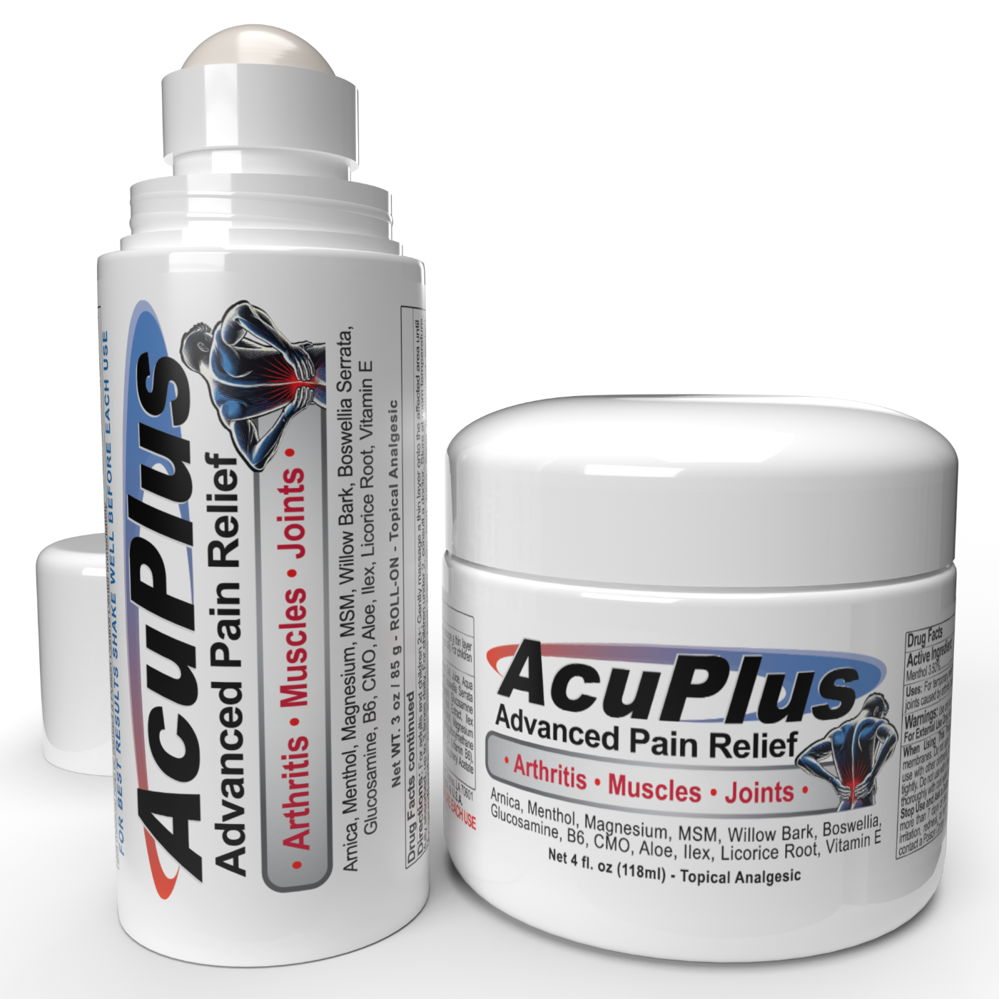 AcuPlus Advanced Pain Relief cream and Roll-on on a white background