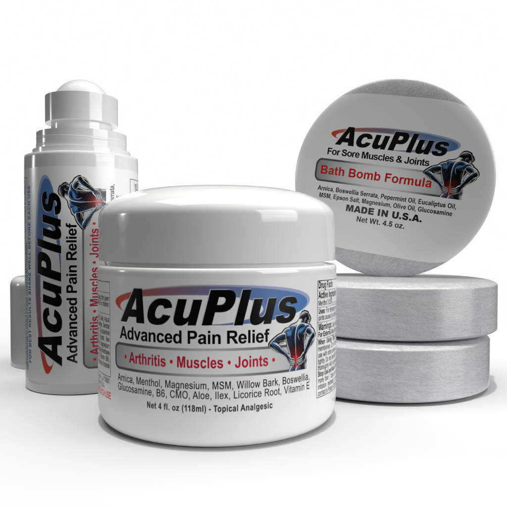 AcuPlus pain relief products including a jar, a Roll-on, and 3 bath bombs on a white background