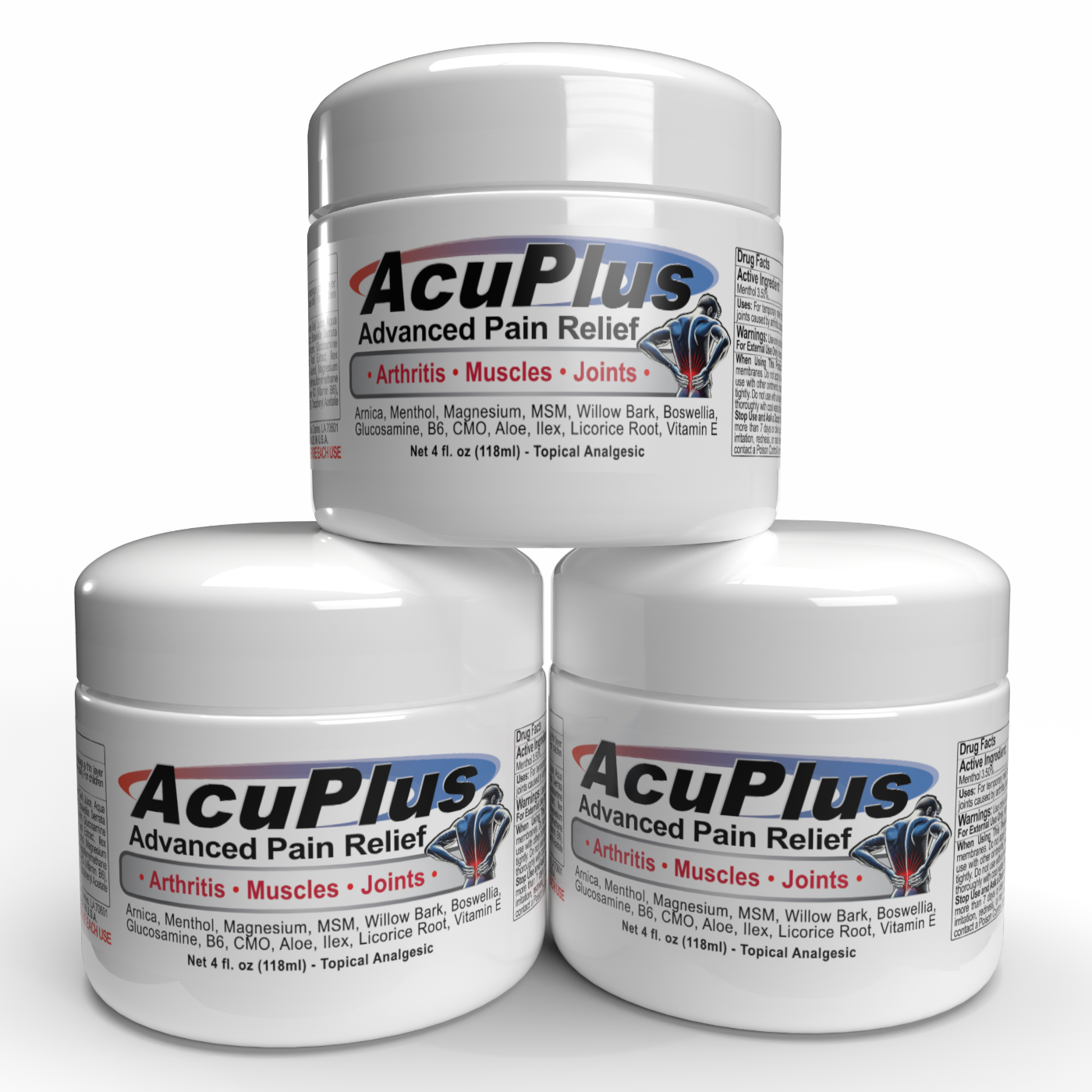Three 4 oz. jars of AcuPlus Advanced Pain Relief cream stacked two on the bottom and one on top, on a white background