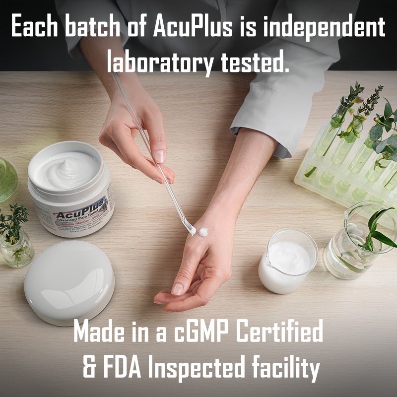 Person at a lab, testing AcuPlus cream on to their hand with text about batch made in a cGMP certified & FDA inspected facility.