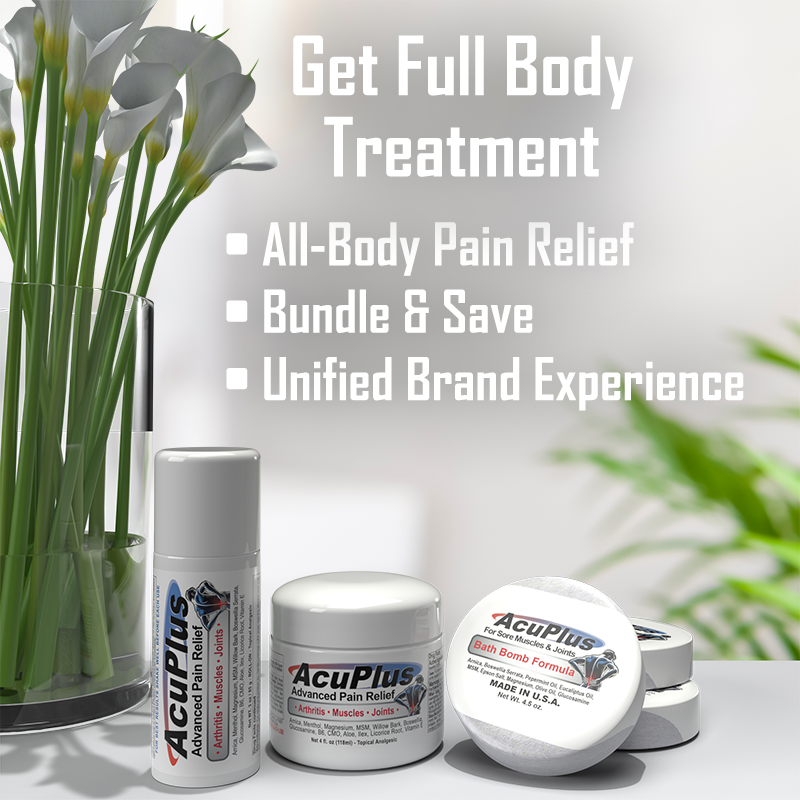 AcuPlus pain relief products with flowers in the background