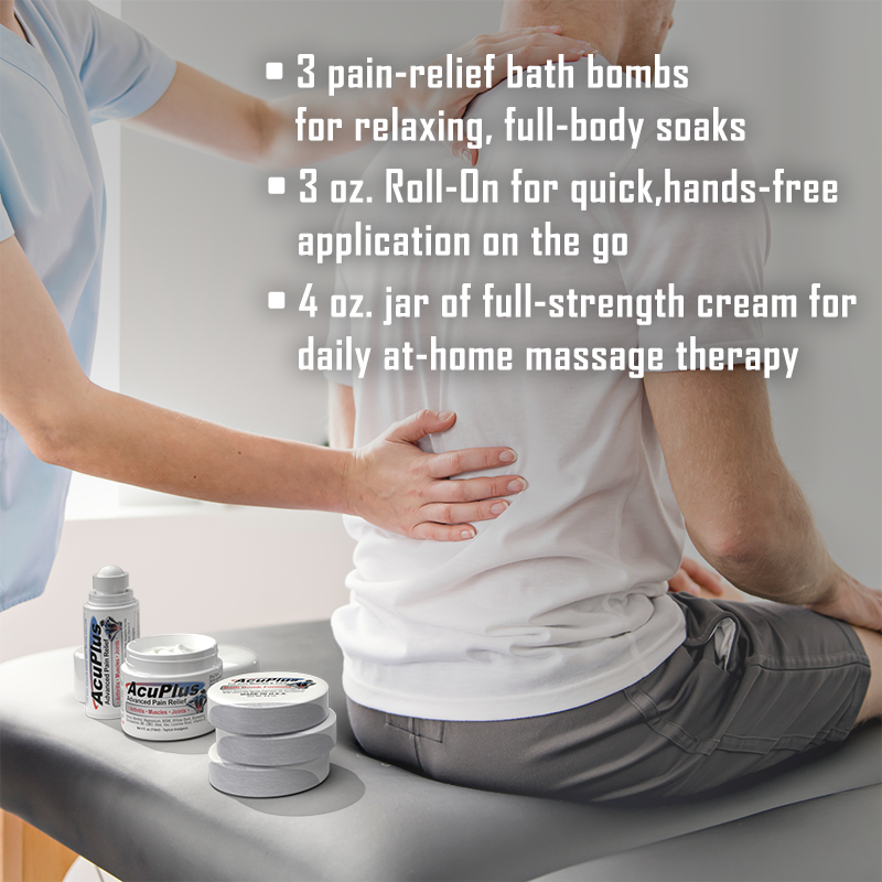 Person receiving massage therapy with AcuPlus products on a table.