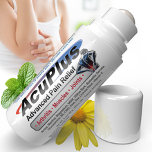 Load image into Gallery viewer, Acuplus Advanced Pain Relief cream bottle with a person holding their knee, mint leaf, and yellow flower on a white background.