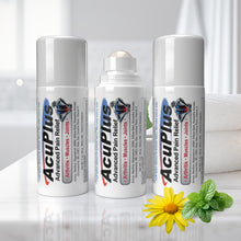 Load image into Gallery viewer, Three bottles of Acuplus Advanced Pain Relief on a white surface with a yellow arnica flower and green mint leaves.