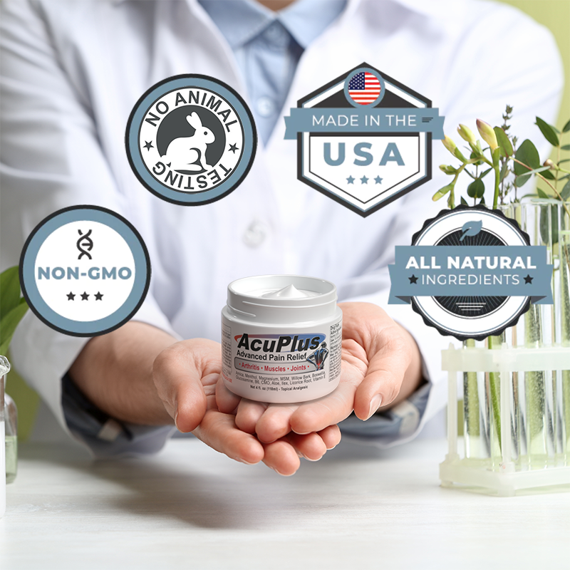 Wellness Professional holding a jar of AcuPlus Advanced Pain Relief with Non GMO, No Animal testing, Made in the USA and Natural ingredient icons displayed.