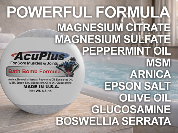 AcuPlus bath bomb with ingredients listed on a blurred pool background