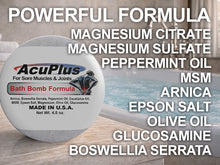 Load image into Gallery viewer, AcuPlus bath bomb with ingredients listed on a blurred pool background