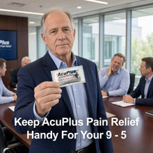 Load image into Gallery viewer, Business man at a business meeting holding an AcuPlus Sachet as a coworker is experiencing neck pain.