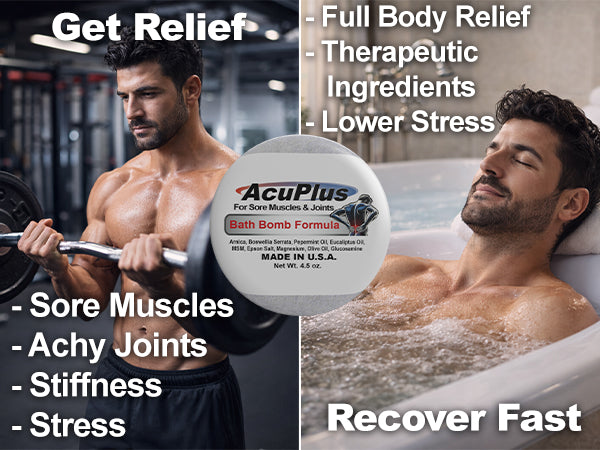 Man lifting weights on one side and relaxing in a bath on the other, with AcuPlus bath bomb in the center.