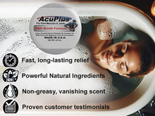 Load image into Gallery viewer, AcuPlus bath bomb formula with a person in a bathtub and product features listed.