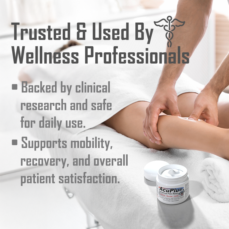 Person applying AcuPlus pain relief cream to leg with text about trusted use by wellness professionals