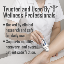 Load image into Gallery viewer, Person applying AcuPlus Pain Relief with a Roll-on to a patients leg with text about its use by wellness professionals.
