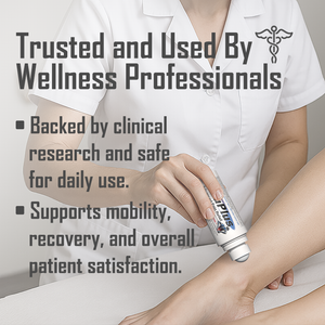 Person applying AcuPlus Pain Relief with a Roll-on to a patients leg with text about its use by wellness professionals.